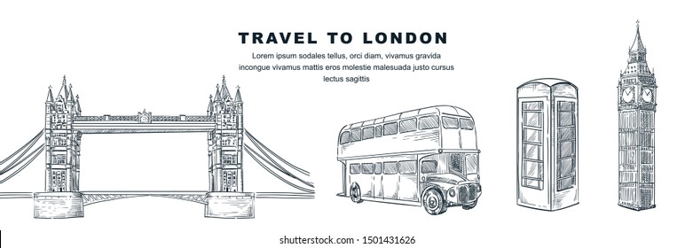 Travel to London hand drawn design elements. Vector sketch illustration of Big Ben, Tower Bridge, telephone booth, double-decker bus. Great Britain famous symbols isolated on white background.