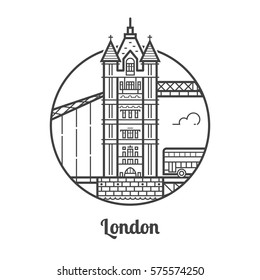 Travel London icon. Tower bridge is one of the famous architectural landmarks and tourist attractions in capital of Great Britain. Thin line England destination icon in circle.