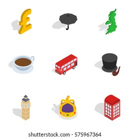 Travel to London icons set. Isometric 3d illustration of 9 travel to London vector icons for web