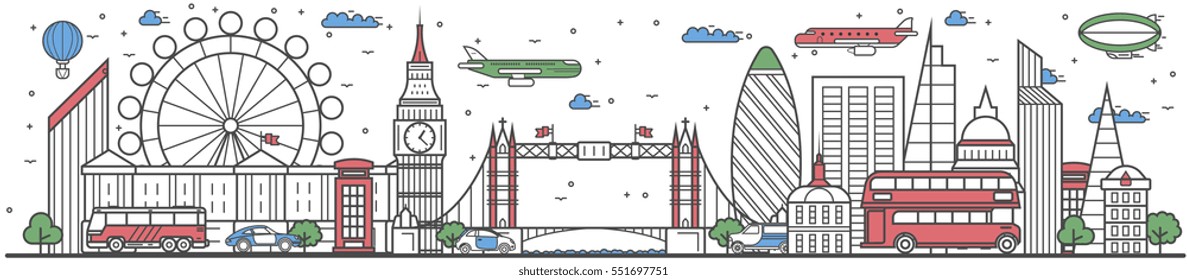 Travel London landmark banner vector illustration. World tour in London travel concept with famous modern and ancient architectural attractions. Must see London landmark panorama, tourist travel ad