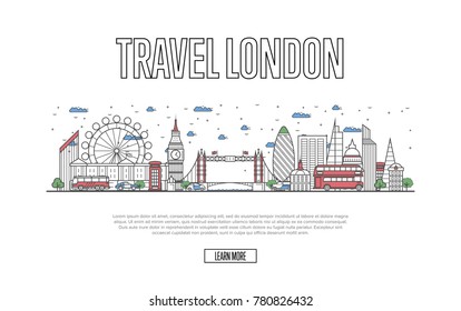 Travel London poster with architectural attractions in linear style. Worldwide traveling and time to travel concept. London skyline with famous landmarks, british tourism and journey vector background