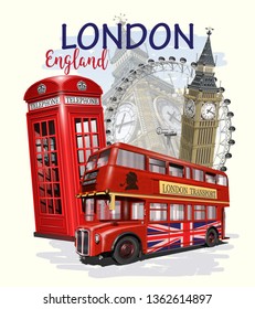 Travel London Poster With Big Ben, Bus And Red Phone Booth.