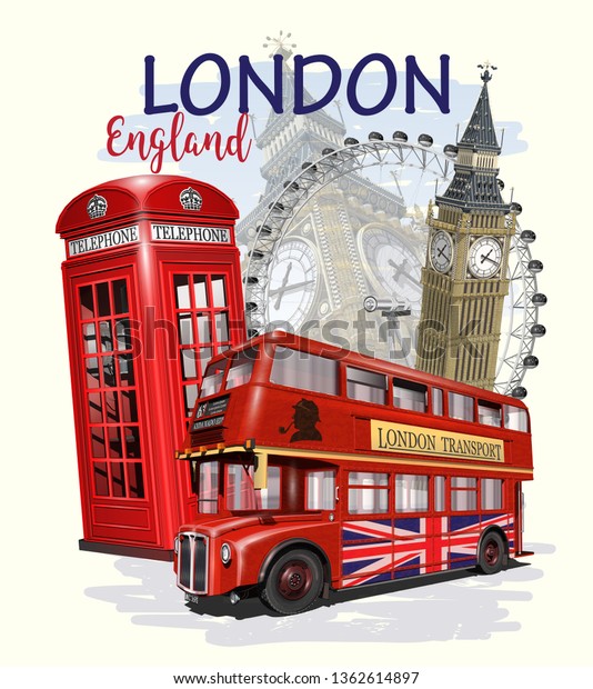 Travel London poster with Big Ben, bus and red\
phone booth.