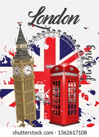 Travel London poster with Big Ben,flag and red phone booth.Typography, t-shirt design.