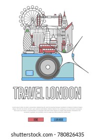 Travel London poster with famous architectural attractions on big camera. Worldwide traveling and time to travel vector concept in linear style. London national landmarks, world tourism and journey