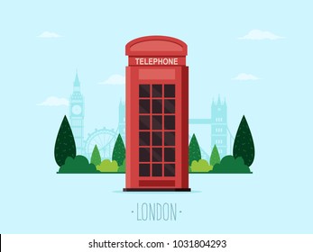 Travel to London. Telephone Booth with Famous London Landmarks in the Background. Flat Design Style. 