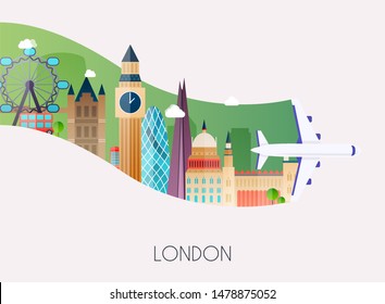 Travel to London. Traveling on airplane, planning a summer vacation, tourism and journey objects and passenger luggage. Flat design modern vector illustration concept.