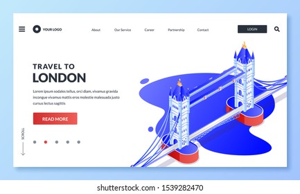 Travel to London, United Kingdom of Great Britain. Vector 3d isometric illustration of Tower Bridge. Web landing page, banner, poster design. Tourism website or trip application concept.