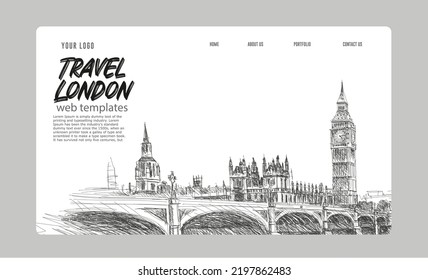 Travel London. Website template header with the London landscape.