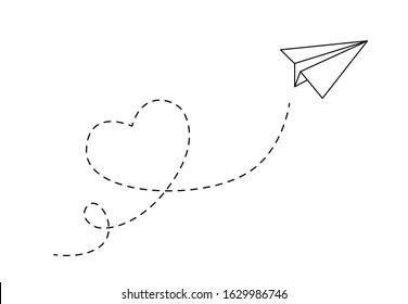 Travel love airplane route. Heart dashed line trace with plane route flight. Romantic valentine day isolated vector illustration