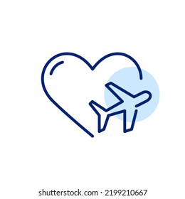 Travel love. Plane on a heart symbol. Pixel perfect, editable stroke line icon