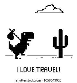 Travel love shows by a dinosaur is running in desert with his luggage
