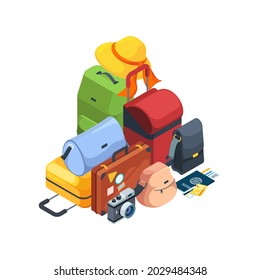 Travel luggage. Airport bags collection 3d isometric travelling pack for summer adventures garish vector set