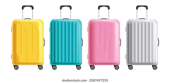 Travel luggage bag clipart set. Colorful suitcase like yellow, blue, pink and purple elements clip art collection for holiday trip adventure vector illustration.