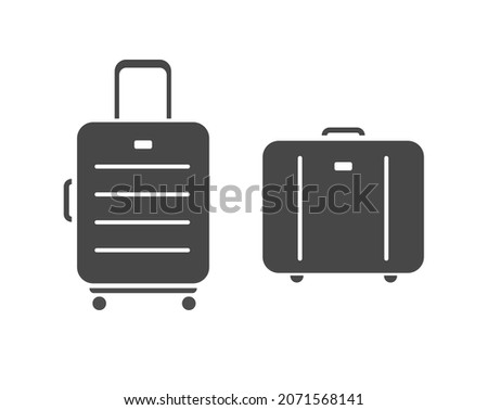 Travel luggage bags icon vector or baggage suitcases pictograms isolated, handbag cases symbol tag for airport claim, tourism trolley briefcase black gray clipart illustration set on white background