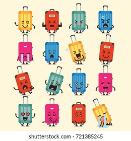 Travel Luggage Character Emoji Set. Funny Cartoon Emoticons