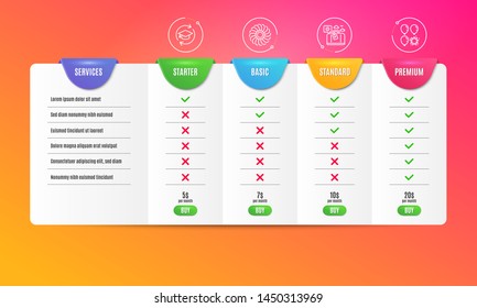 Travel luggage, Continuing education and Fan engine icons simple set. Comparison table. Balloon dart sign. Trip bag, Online education, Ventilator. Attraction park. Business set. Pricing plan. Vector