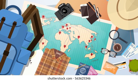 Travel Luggage Document World Map With Pins Vacation Concept Flat Vector Illustration