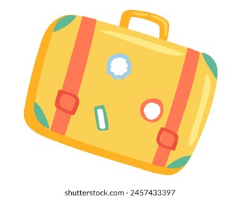 Travel luggage in flat design. Tourist vintage suitcase with stickers. Vector illustration isolated.