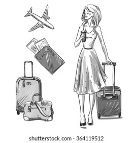 Travel. Luggage. Girl walking with a luggage bag.
