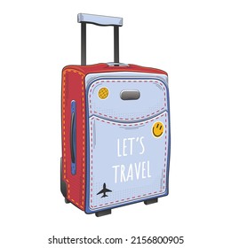 Travel luggage isolated on white. Trendy modern tourism concept vector illustration of red and blue suitcase with stickers