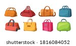 Travel luggage, plastic case, metal backpacks and leather bag. Travel suitcase with wheels, journey package, business travel bag, trip luggage. Vector backpack suitcase for journey, vacation, tourism.