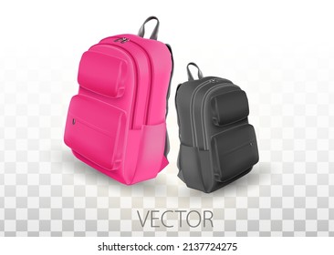 Travel luggage, plastic case, metal backpacks and leather bag. Travel suitcase with wheels, journey package, business travel bag, trip luggage. Vector backpack suitcase for journey, vacation, tourism.