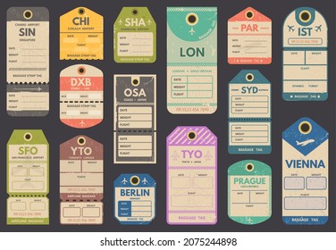 Travel luggage retro tags, airport country labels. Retro travel, flight register baggage vienna and singapore labels vector illustration set. Vintage luggage tags for travel design, vintage label