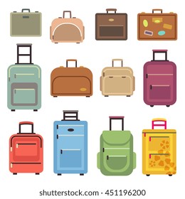 Travel luggage and set of travel bag, suitcase vector flat icons illustration