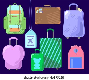 Travel luggage set on blue background. Isolated voyager's bags: city backpack, outdoor backpack, leather vintage case, woman pink heart case, parents and child case, suitcase with tag. Happy travel