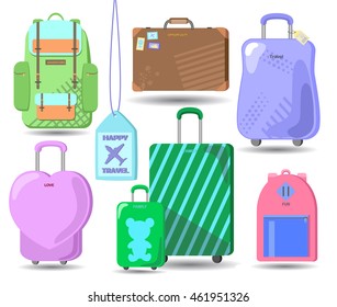 Travel luggage set on white background. Baggage icons: touristic backpack, urban backpack, family baggage, heart suitcase, brown retro case, violet travel case on wheels with tag. Flat style baggage