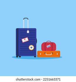 Travel luggage set with stickers. Vacation, journey concept. Colorful vector illustration.