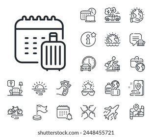 Travel luggage sign. Plane jet, travel map and baggage claim outline icons. Baggage calendar line icon. Journey bag claim symbol. Baggage calendar line sign. Car rental, taxi transport icon. Vector