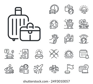 Señal de equipaje de viaje. Avión jet, mapa de viaje e iconos de contorno de Reclamo de equipaje. Icono de línea de equipaje. Símbolo de Reclamo de maleta de viaje. Señal de línea de equipaje. Alquiler de coches, icono de transporte de taxi. Lugar ubicación. Vector