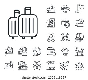 Sinal de bagagem de viagem. Avião a jato, mapa de viagens e ícones dos contornos de reclamação de bagagem. Ícone da linha de bagagem. Símbolo de reivindicação de mala de viagem. Sinal de linha de bagagem. Aluguer de carros, ícone de transporte de táxi. Local. Vetor