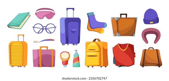 Travel luggage stuff. Cartoon summer vacation luggage with sunglasses socks head pillow and toothbrush, flat bags with items on luggage. Vector illustration. Suitcase with clothing and accessory