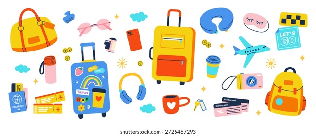 Travel Luggage And Suitcase Essentials Set With Backpack Passport Tickets Airplane Camera Headphones Sunglasses Coffee Cup And Accessories Summer Vacation Illustration