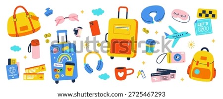 Travel Luggage And Suitcase Essentials Set With Backpack Passport Tickets Airplane Camera Headphones Sunglasses Coffee Cup And Accessories Summer Vacation Illustration