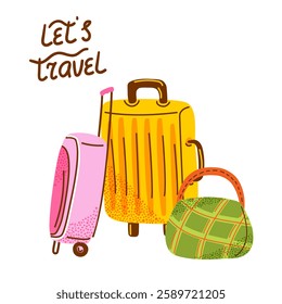 Travel luggage and suitcase. Let's travel lettering. The concept of travel, recreation, vacation. Vector illustration