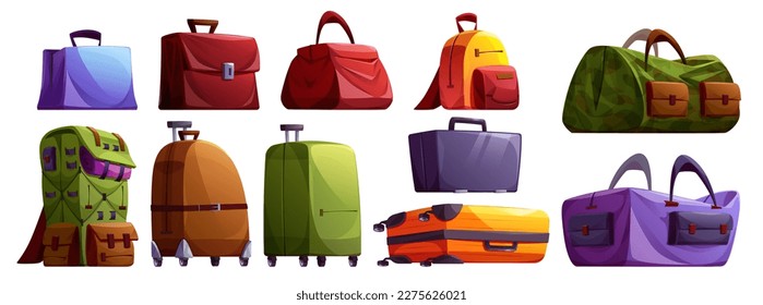 Travel luggage and suitcase vector illustration set. Business case, baggage and backpack cartoon journey isolated clipart collection. Different package design for worldwide trip or vacation.