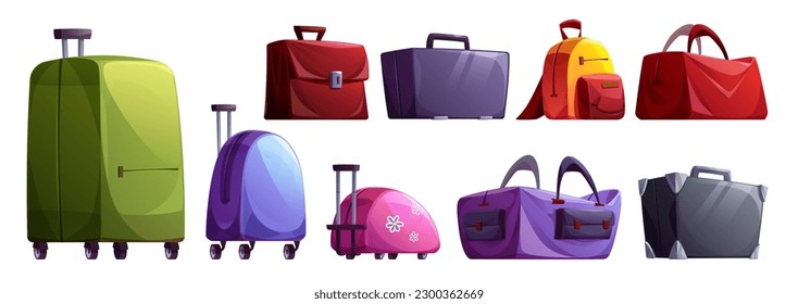 Travel luggage and suitcase vector illustration set. Business case, baggage and backpack cartoon journey isolated clipart collection. Different package design for worldwide trip or vacation.