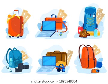 Travel luggage, suitcases, backpacks, packages set of isolated vector illustration. Tourism, hiking, trips and journey bags for travellers vacation. Tour briefcase for travelling. Baggages collection.