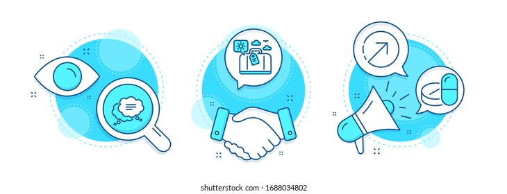 Travel luggage, Text message and Medical drugs line icons set. Handshake deal, research and promotion complex icons. Direction sign. Trip bag, Chat bubble, Medicine pills. Navigation pointer. Vector