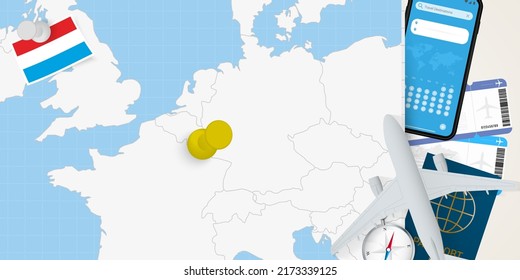 Travel to Luxembourg concept, map with pin on map of Luxembourg. Vacation preparation map, flag, passport and tickets. Vector illustration in flat design.