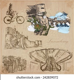 Travel: LUXEMBOURG (set no.4) - Collection of an hand drawn vector illustrations. Each drawing comprise three layers of lines, the colored background is isolated. Easy editable in layers and groups.