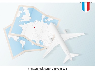 Travel to Luxembourg, top view airplane with map and flag of Luxembourg. Travel and tourism banner design.