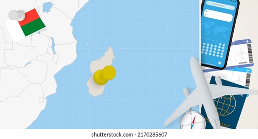 Travel to Madagascar concept, map with pin on map of Madagascar. Vacation preparation map, flag, passport and tickets. Vector illustration in flat design.