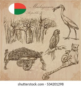 Travel MADAGASCAR. Pictures from the Life - and Nature - of one of the largest Island in the World. Vector collection. Hand drawn illustrations. Pack of freehand sketches. 