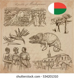 Travel MADAGASCAR. Pictures from the Life - and Nature - of one of the largest Island in the World. Vector collection. Hand drawn illustrations. Pack of freehand sketches. 