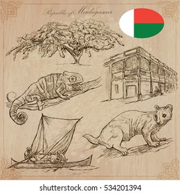 Travel MADAGASCAR. Pictures from the Life - and Nature - of one of the largest Island in the World. Vector collection. Hand drawn illustrations. Pack of freehand sketches. 